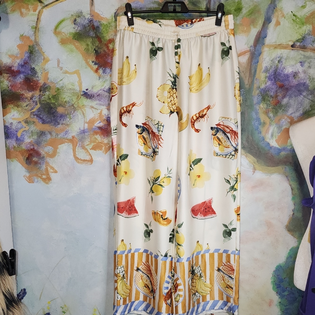 Sardinian Coast Dinner Yellow & White Resort Wide Leg Satiny Pants